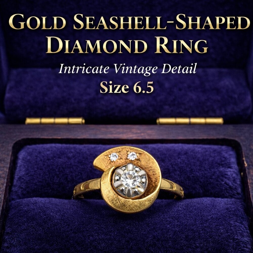 Gold Seashell shaped Diamond Ring Size is just under 6.5, Intricate Vintage Deta